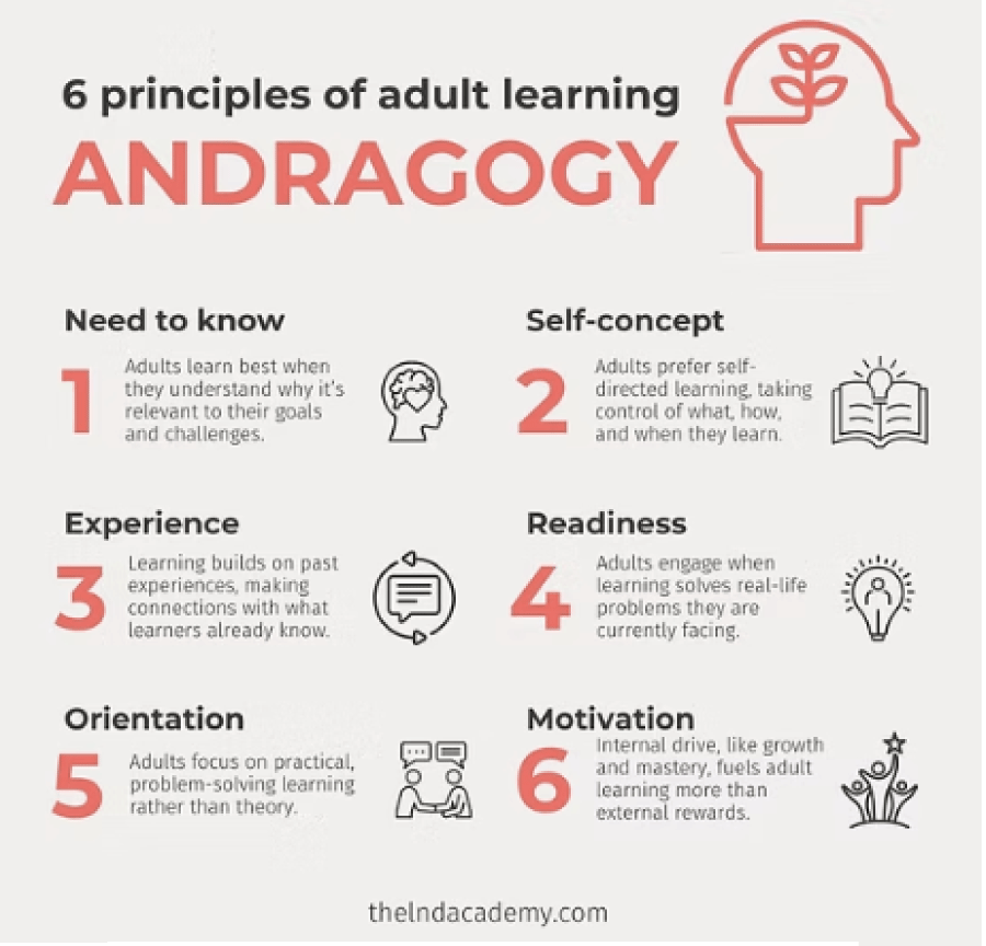 Diagram illustrating Knowles' andragogy adult learning theory